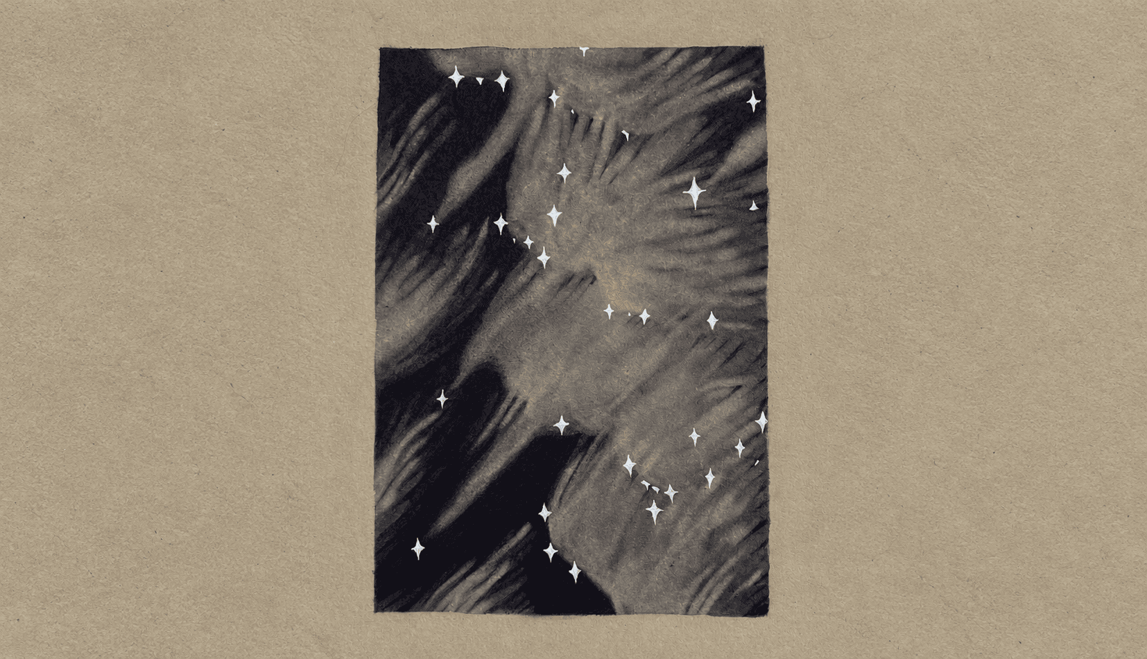 Charcoal artwork of a face emerging from darkness beneath scattered white stars