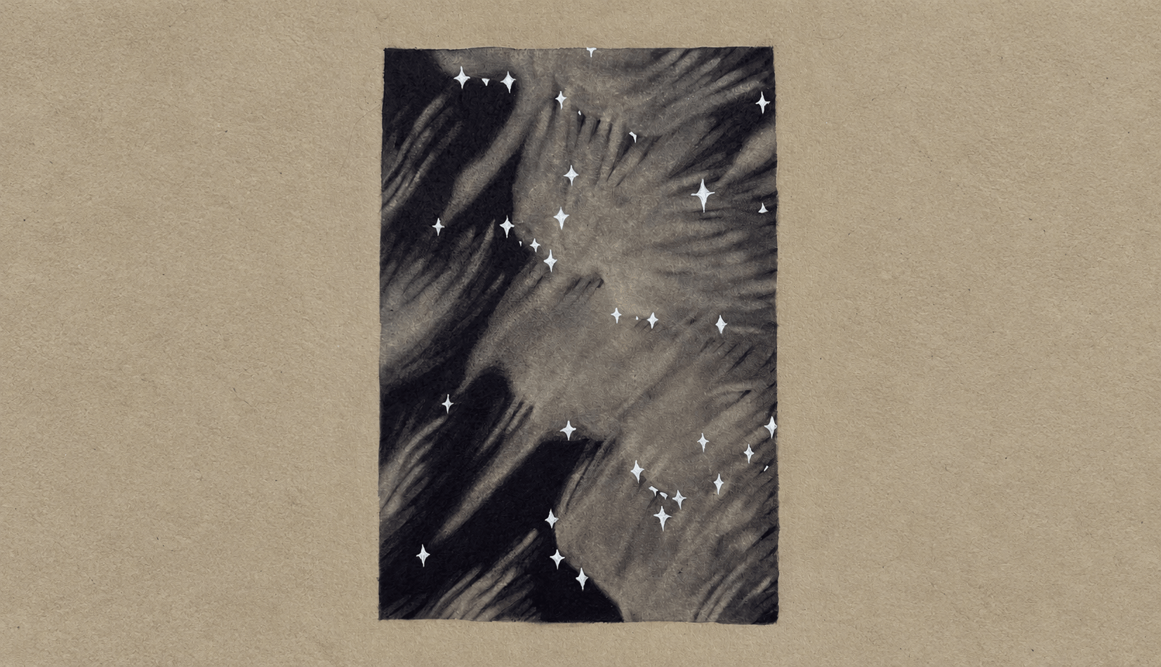 Charcoal artwork of a face emerging from darkness beneath scattered white stars