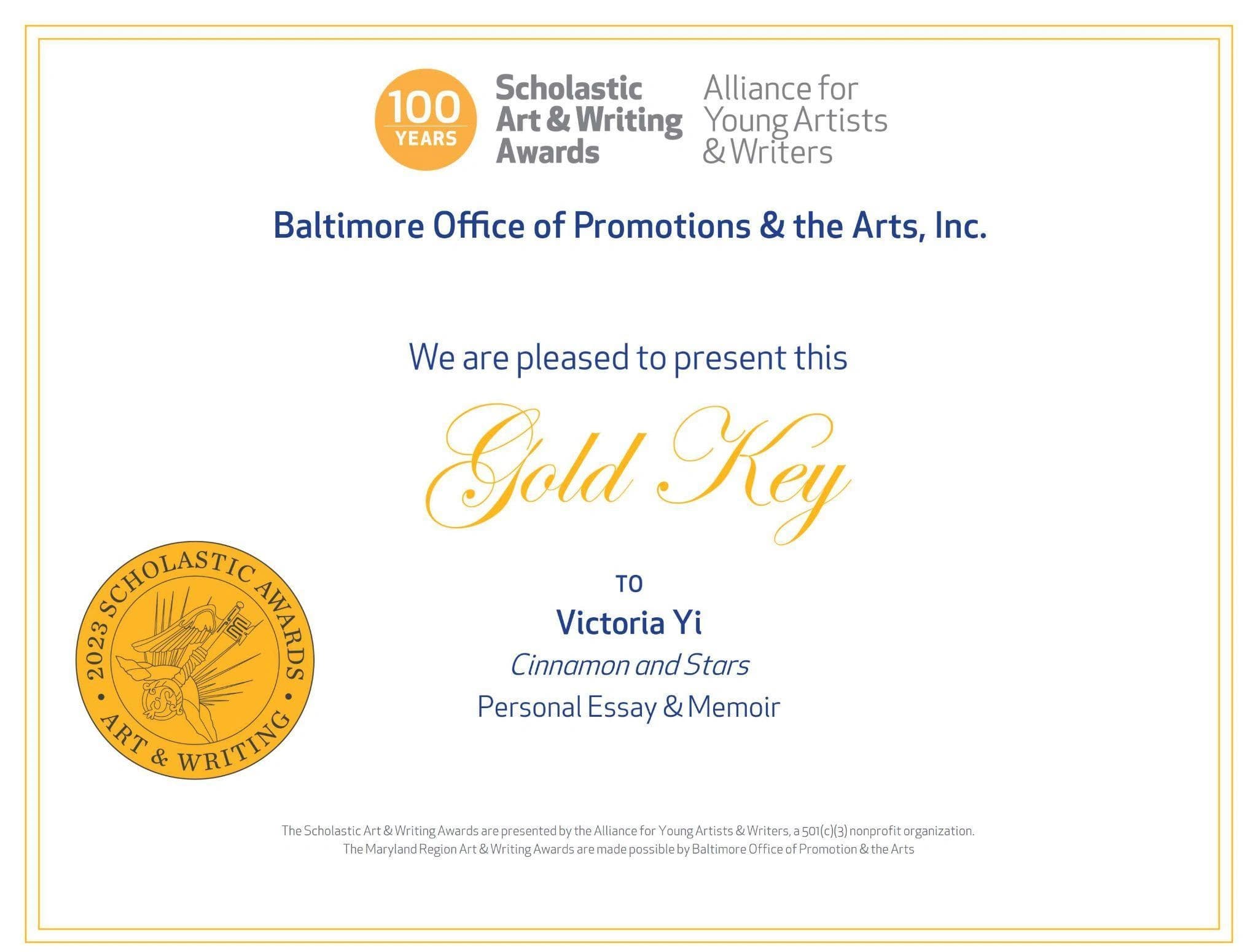 2023 Scholastic Gold Key certificate awarded to Victoria Yi for Cinnamon and Stars